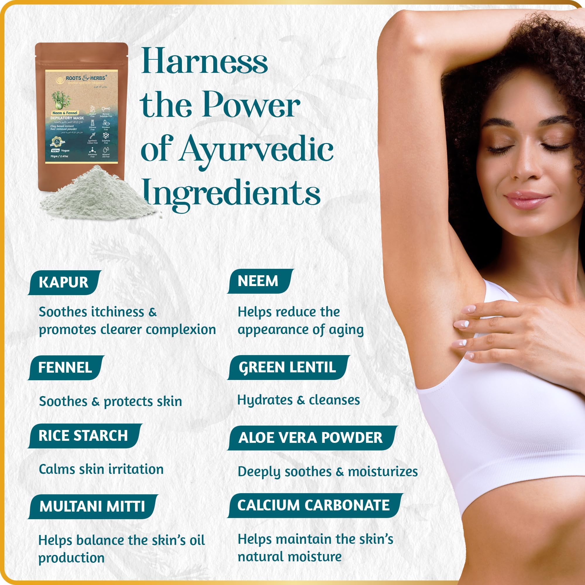Roots and Herbs leg hair removal application for even coverage