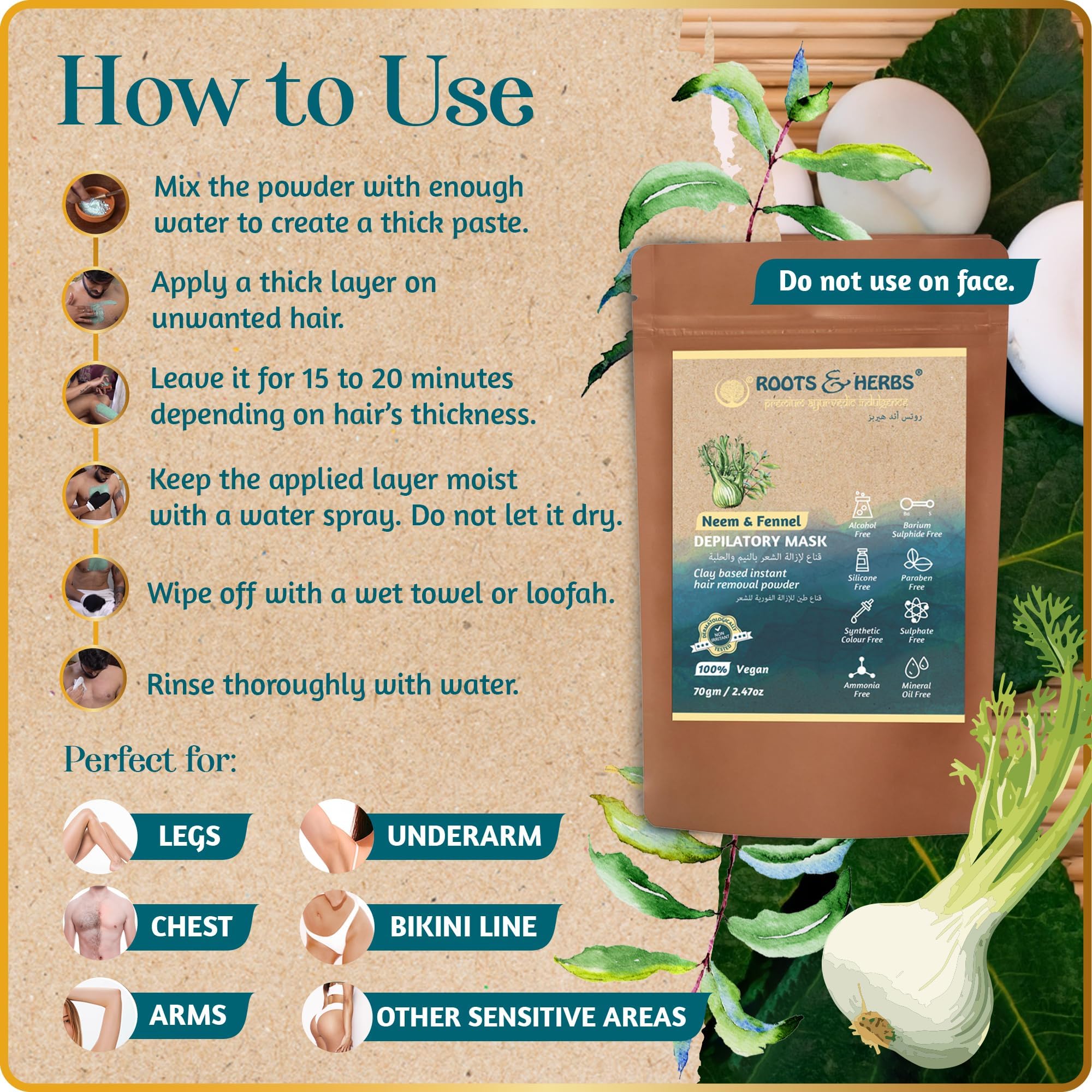 Roots and Herbs neem-fennel ingredient closeup highlighting Ayurvedic herbs
