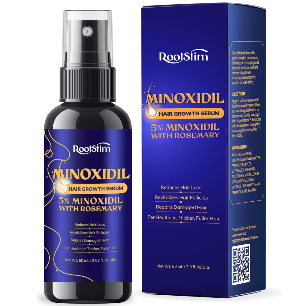 RootStim 5% Minoxidil bottle highlights potent formula for fuller hair growth
