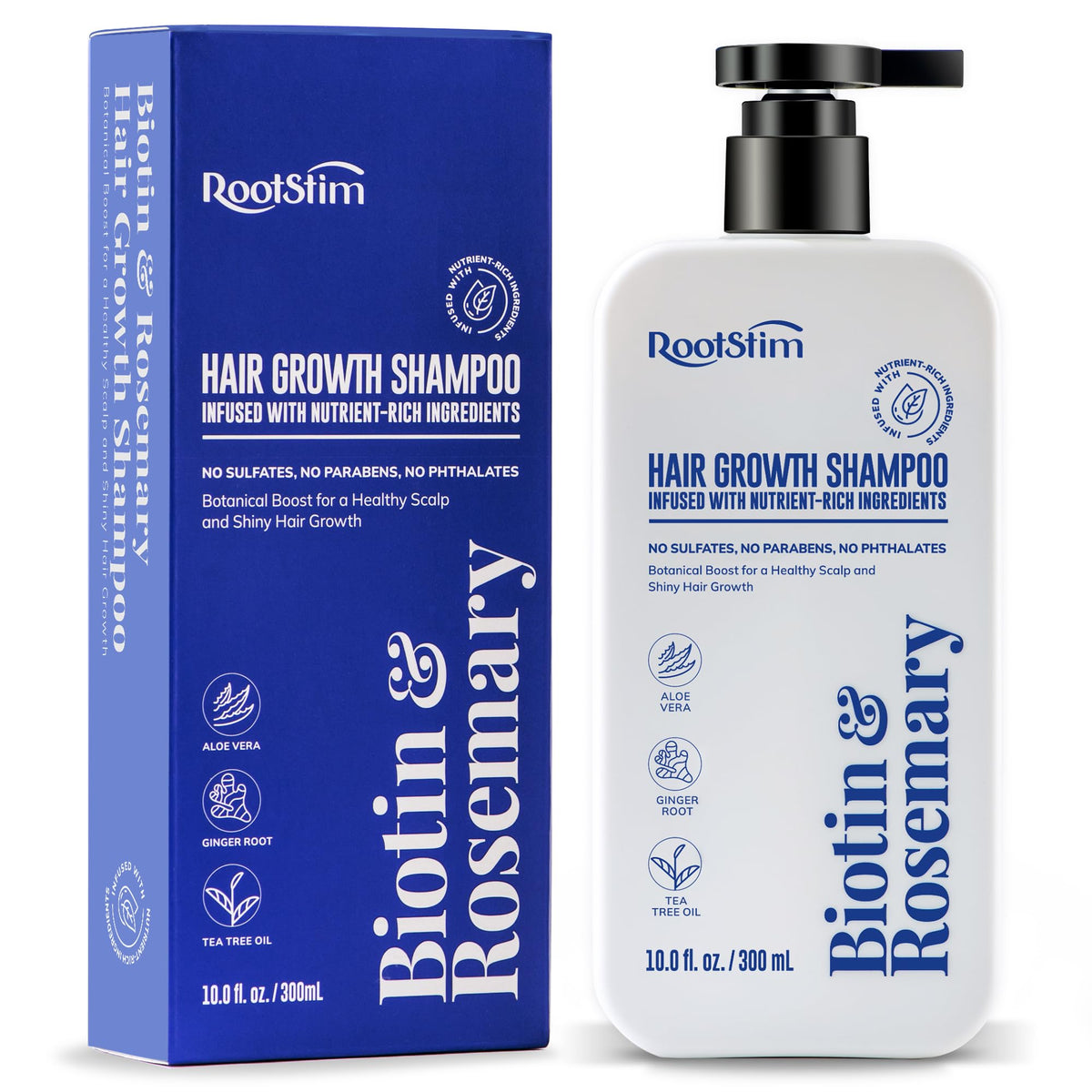 RootStim Biotin & Rosemary Shampoo bottle shows sulfate-free formula for sensitive scalps.