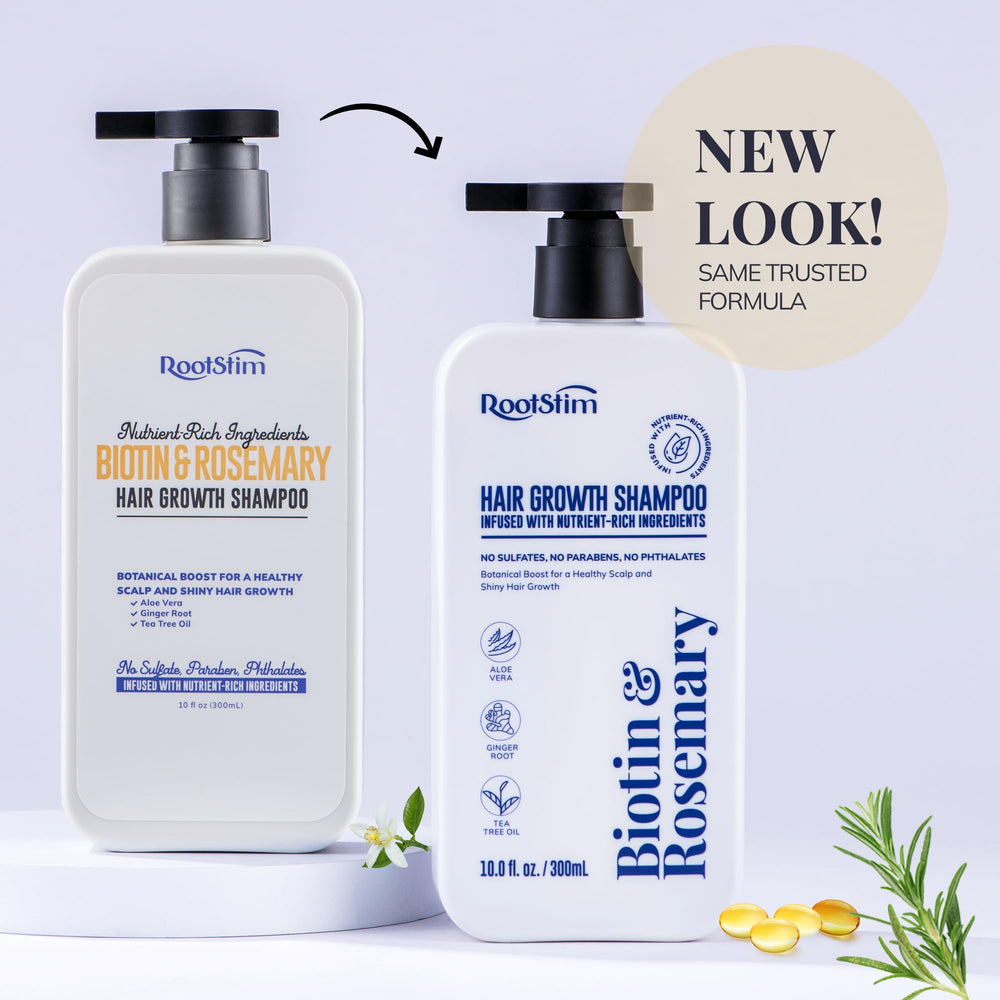RootStim macro shot conveys eco-friendly, ingredient-led hair care experience.