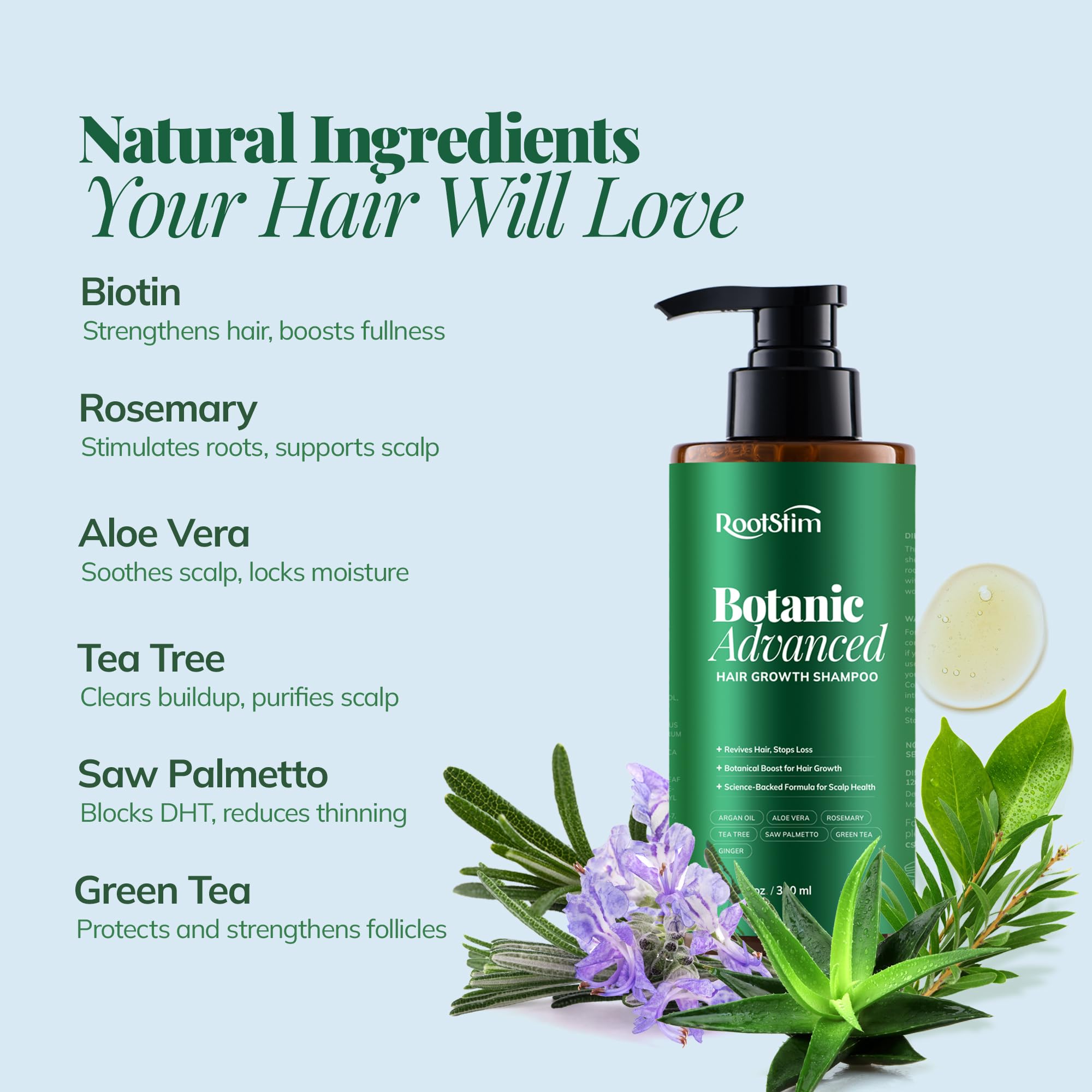 RootStim daily-use steps show measuring 5–10 ml for a thorough cleanse
