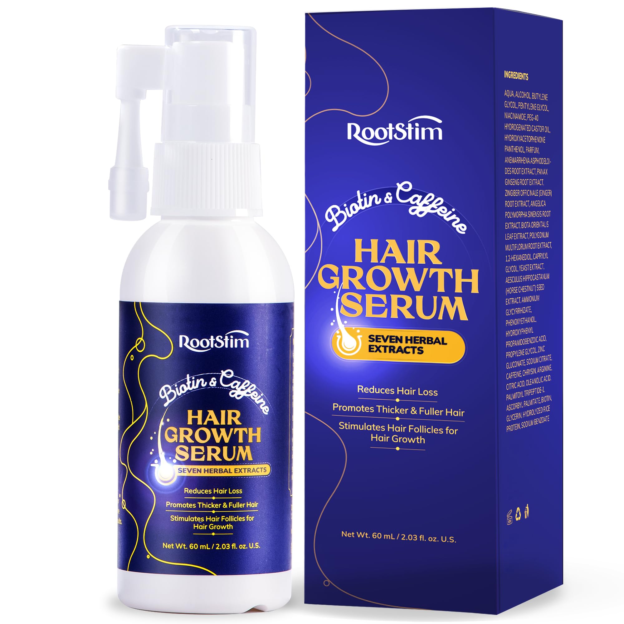 RootStim Hair Growth Serum bottle close-up showing nourishing formula