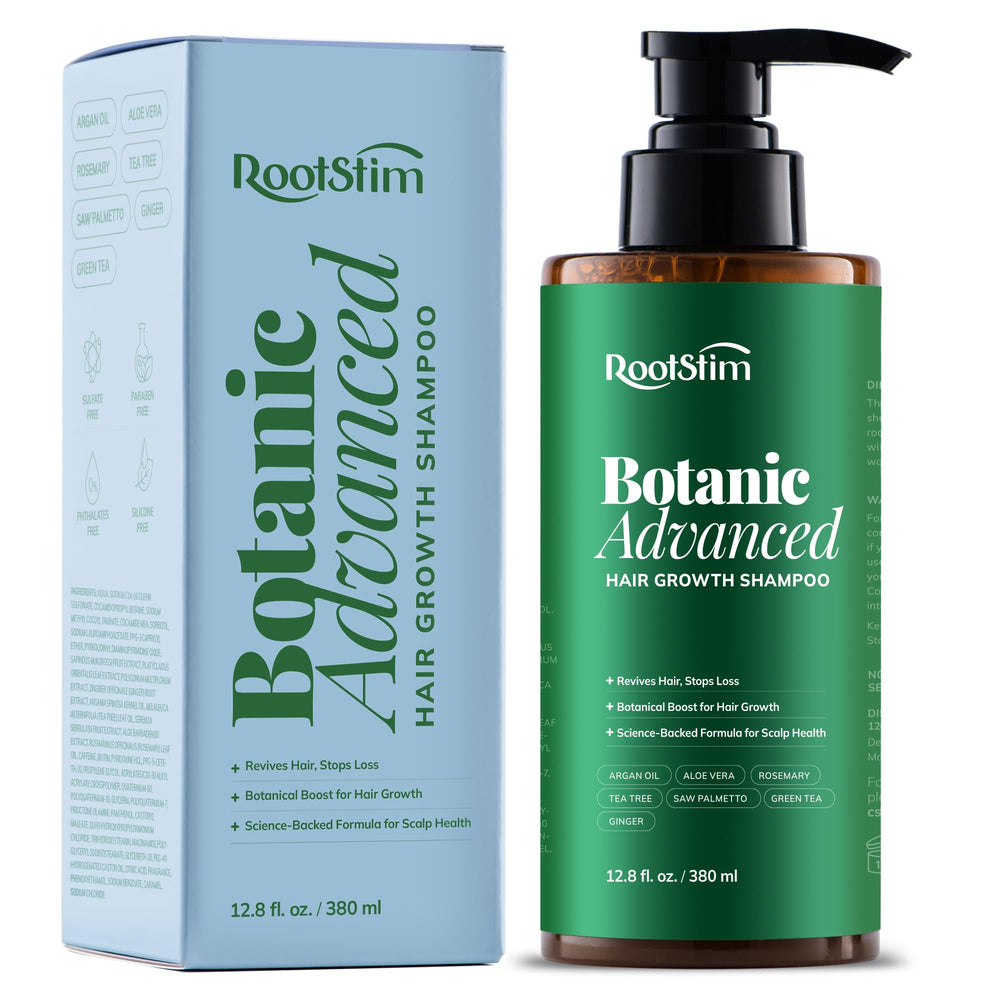 RootStim Hair Growth Shampoo bottle emphasizes scalp care and growth support
