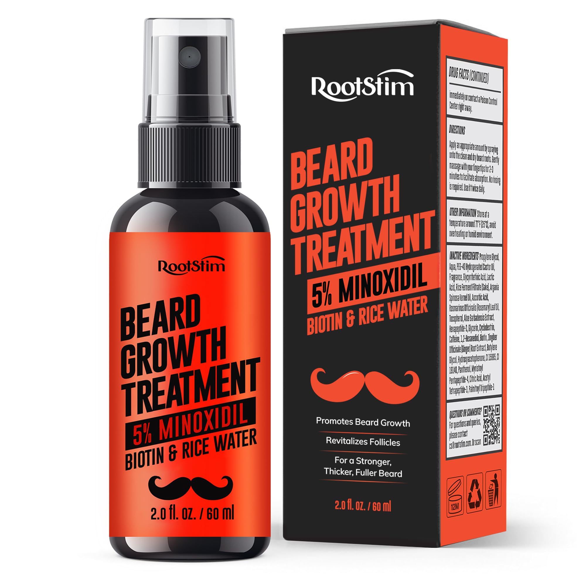 RootStim minoxidil beard serum bottle ready for precise spray application to support growth.
