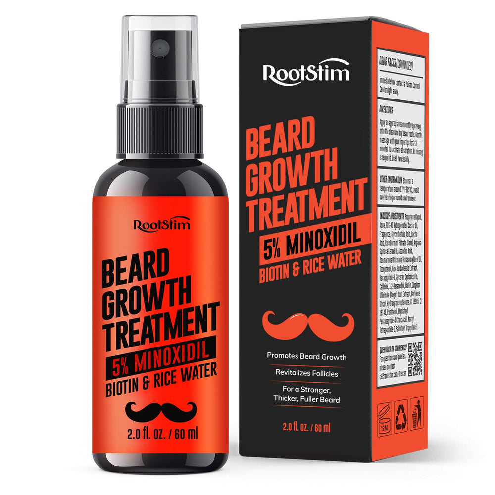 RootStim minoxidil beard serum bottle ready for precise spray application to support growth.