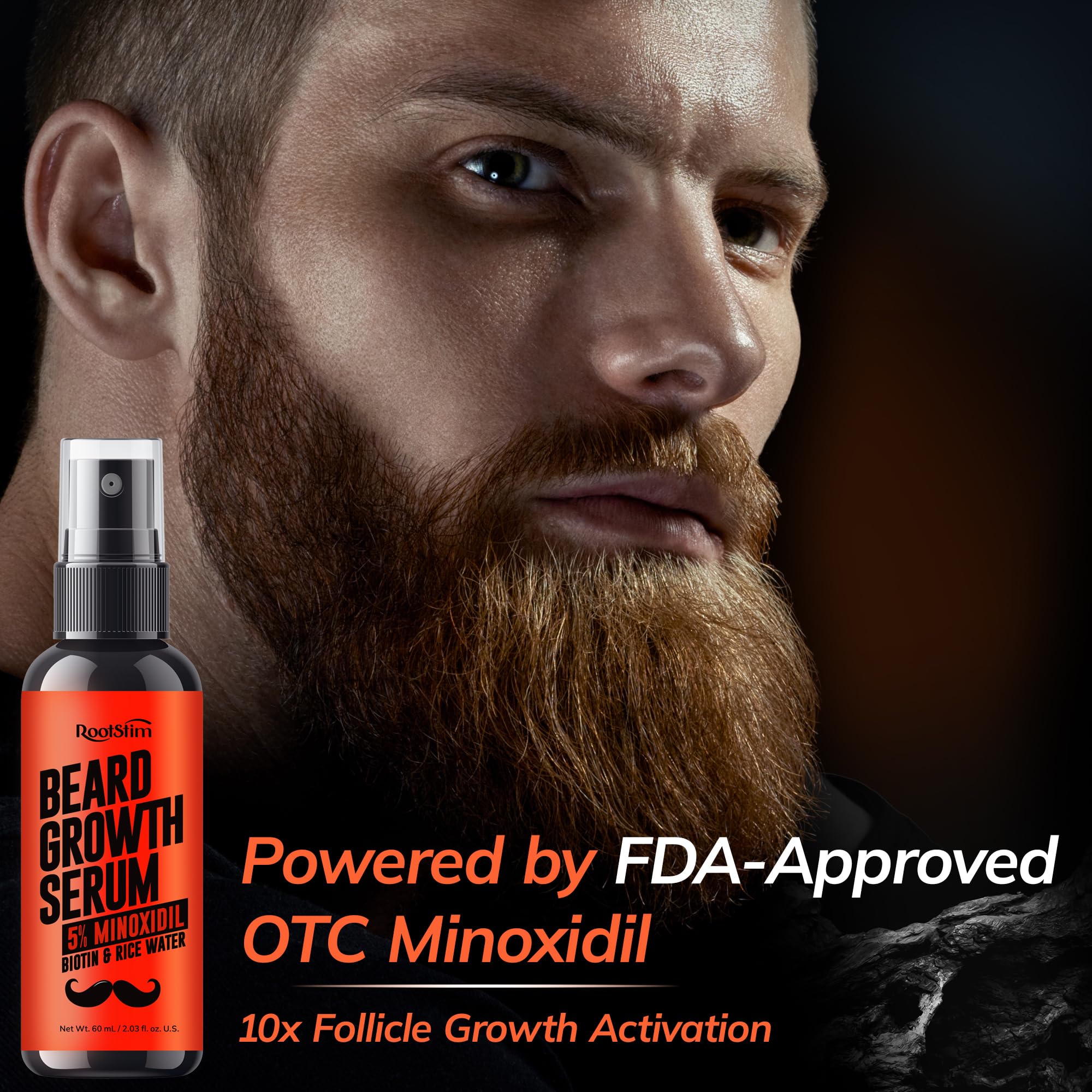 RootStim minoxidil beard serum ingredients close-up highlighting biotin and rice water benefits.