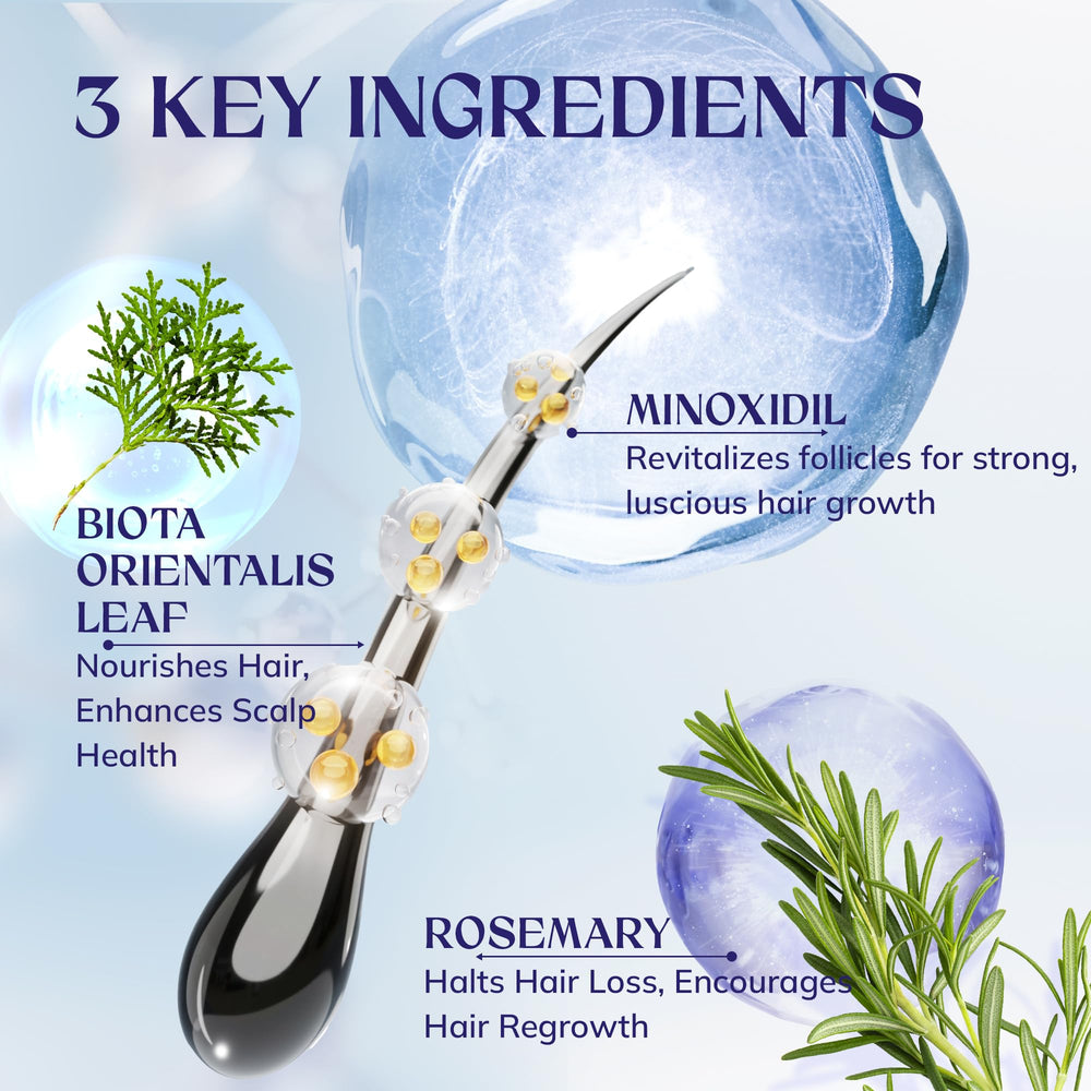 RootStim minoxidil dropper applying formula to thinning areas for easy twice-daily use.