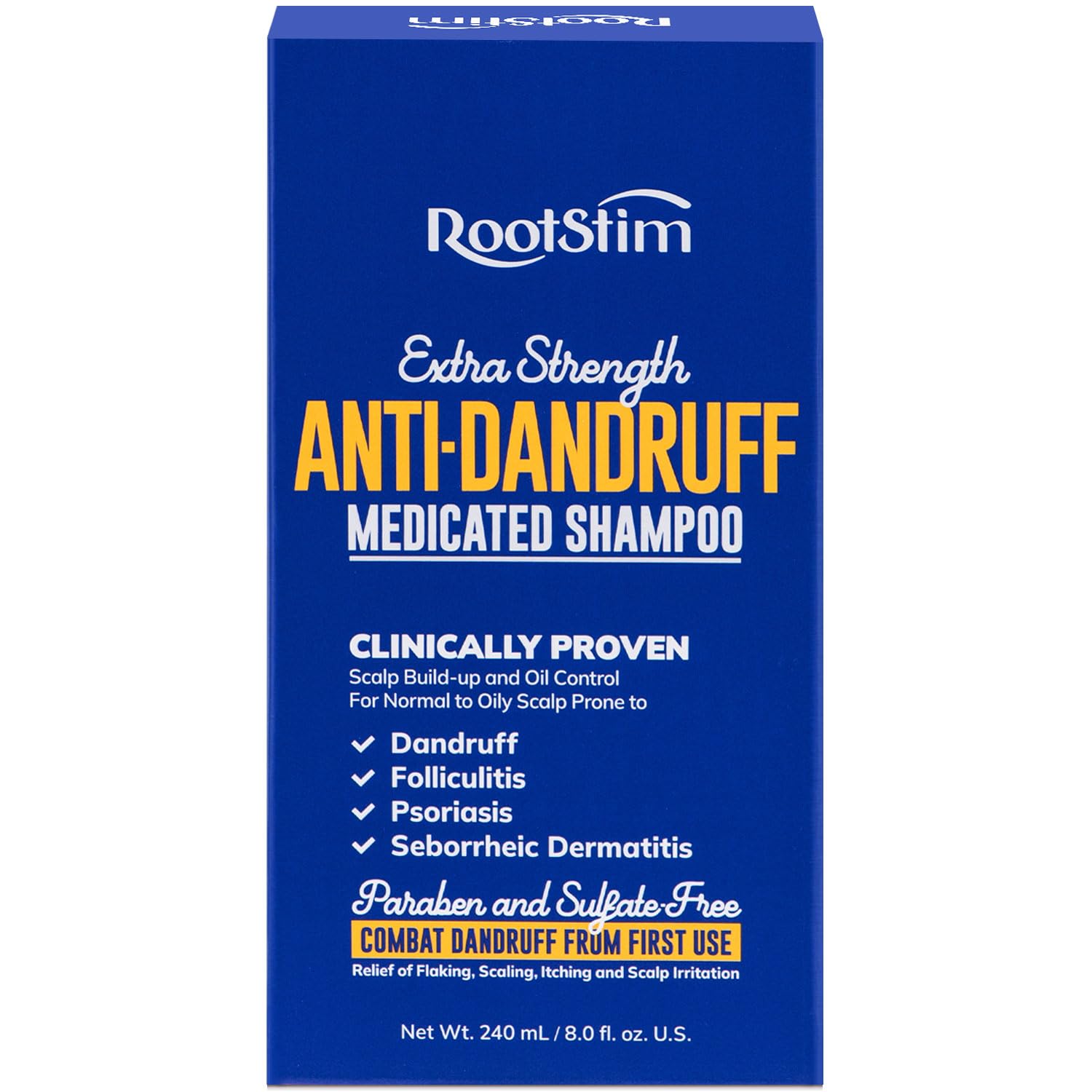 RootStim seborrheic dermatitis shampoo bottle targets dandruff and scalp irritation.