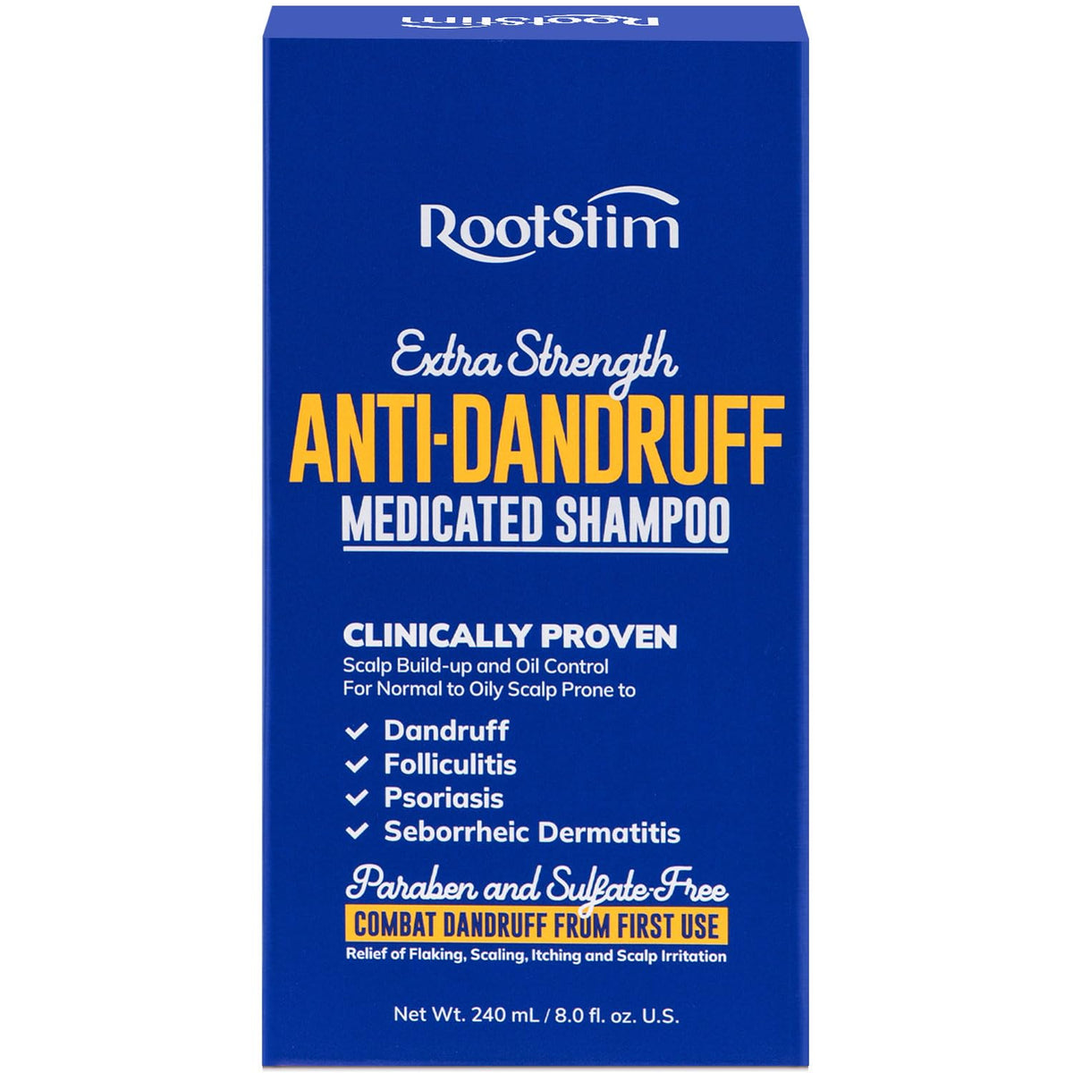 RootStim seborrheic dermatitis shampoo bottle targets dandruff and scalp irritation.