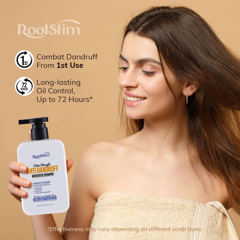 RootStim shampoo application closeup demonstrates quick-penetrating relief for itchy scalp.