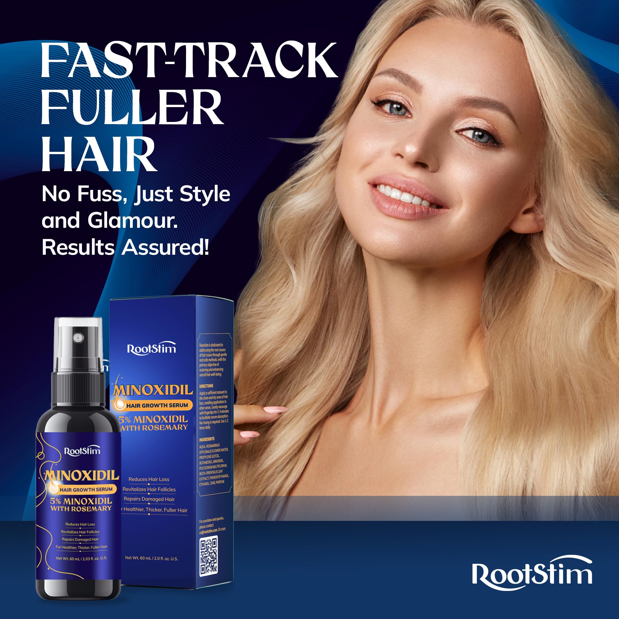 RootStim sleek packaging front communicates premium minoxidil serum on shelves