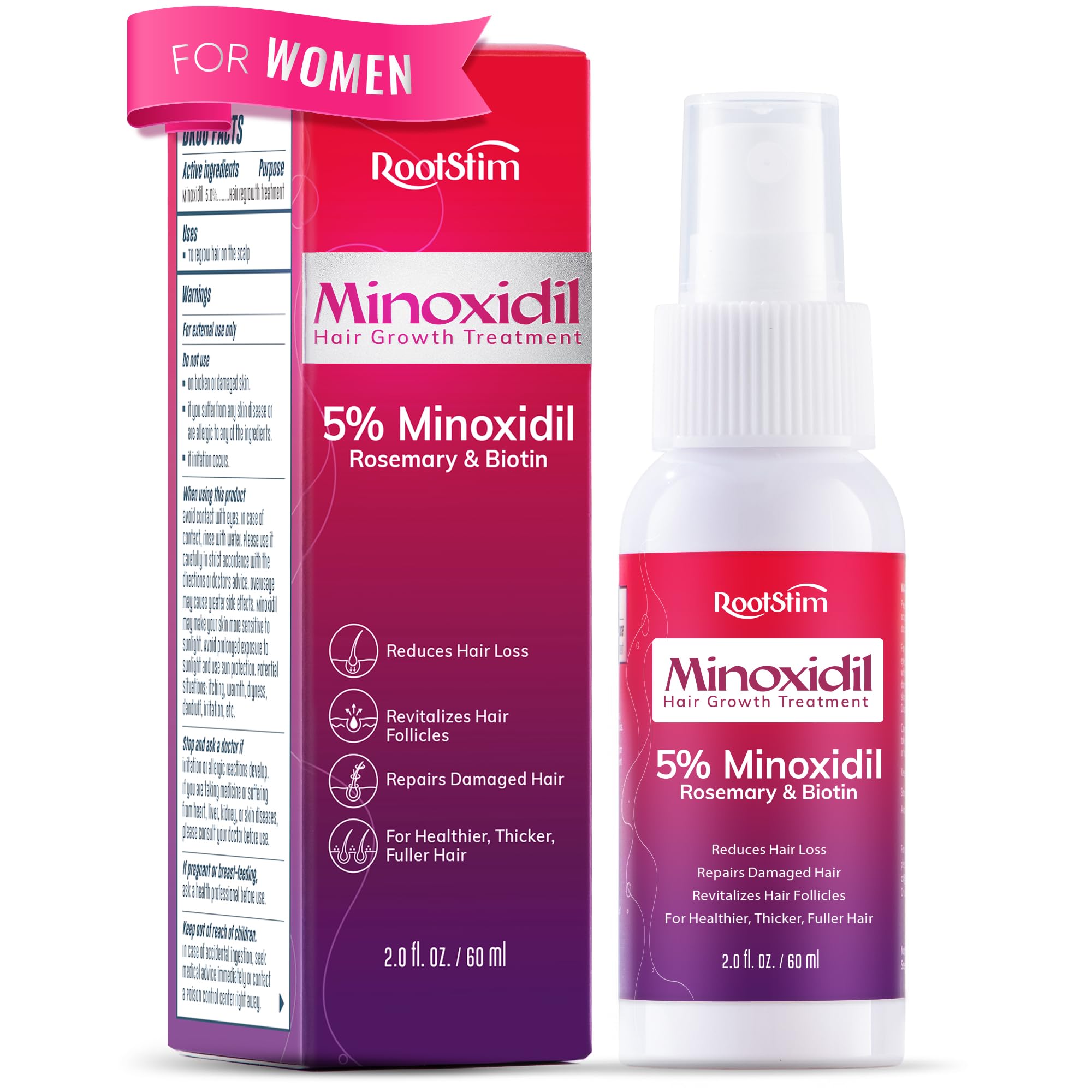 RootStim women's 5% Minoxidil bottle supports thinning hair.