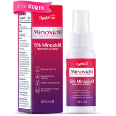 RootStim women's 5% Minoxidil bottle supports thinning hair.