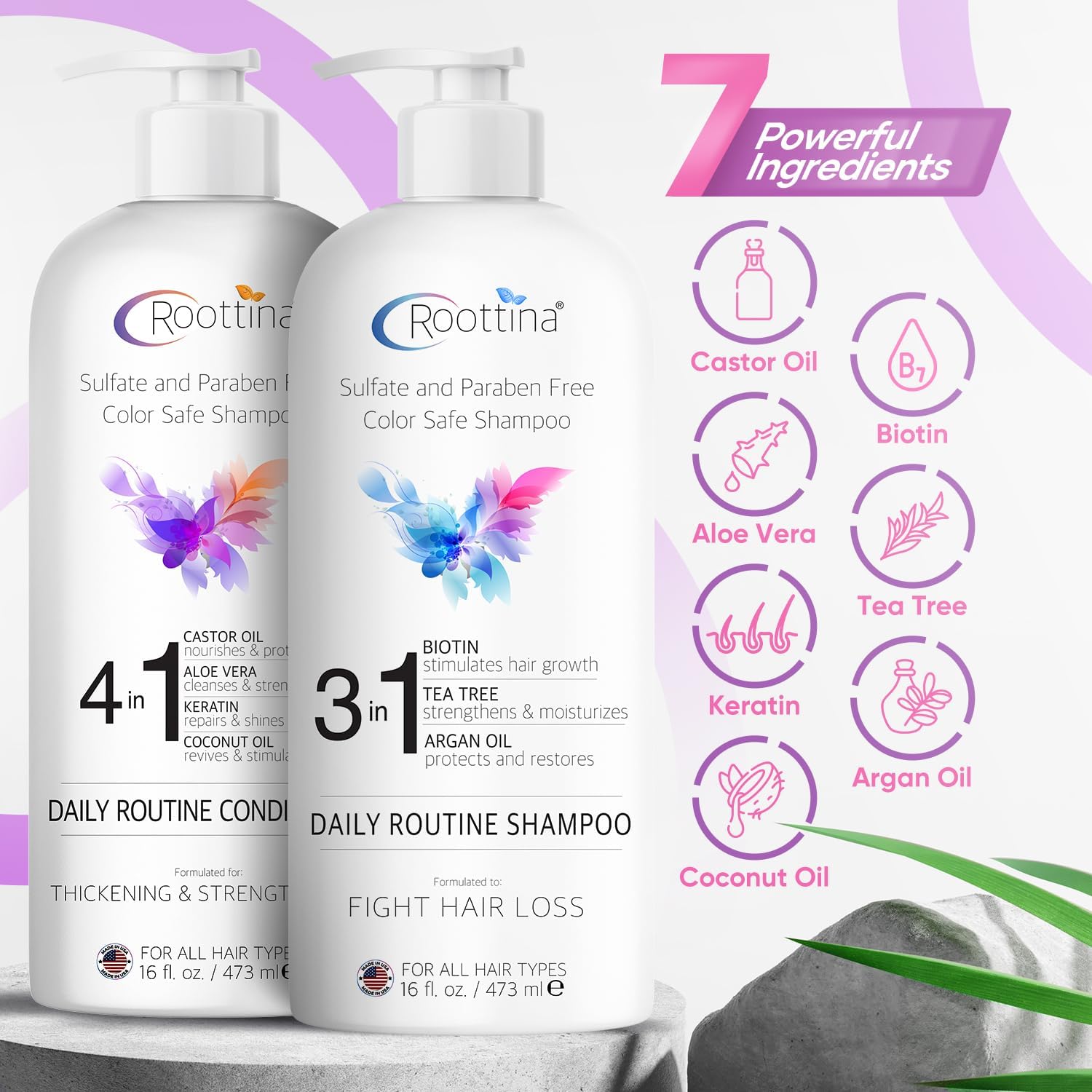 Roottina daily routine conditioner bottle provides moisture for softer, shinier hair.