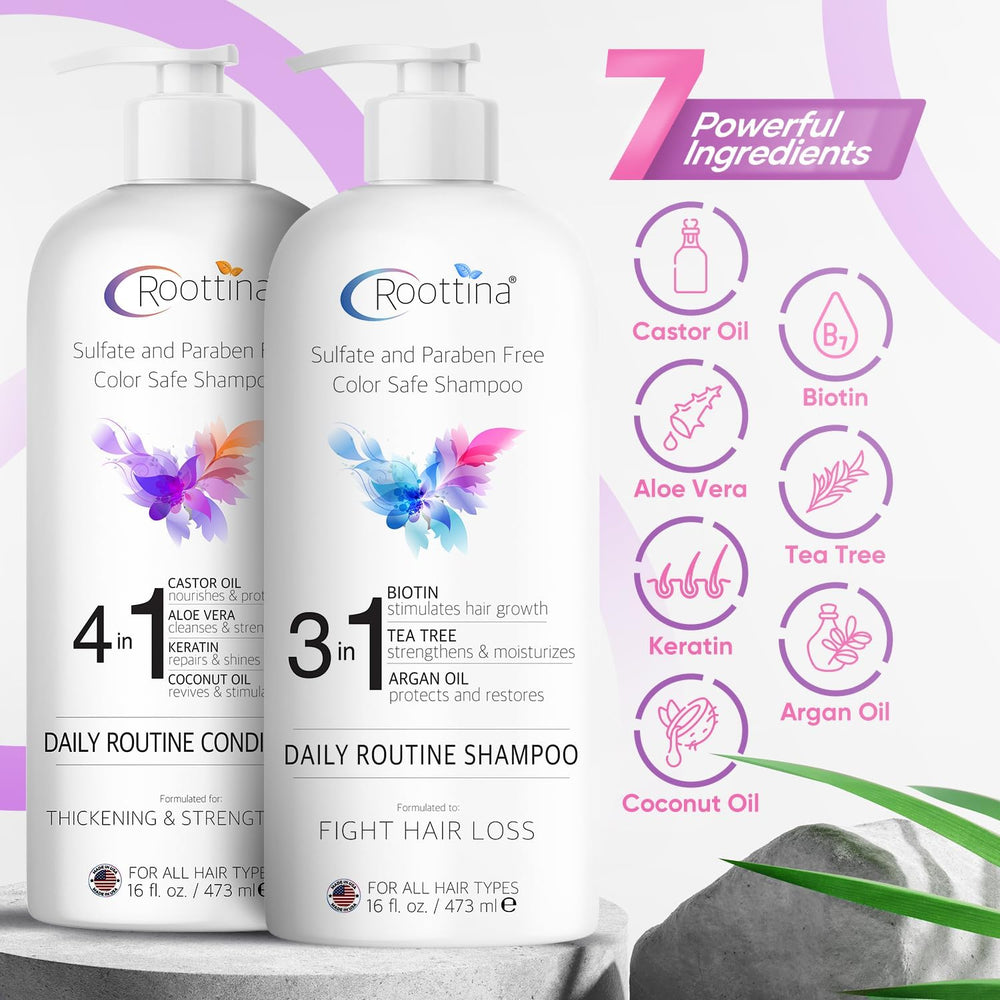 Roottina daily routine conditioner bottle provides moisture for softer, shinier hair.
