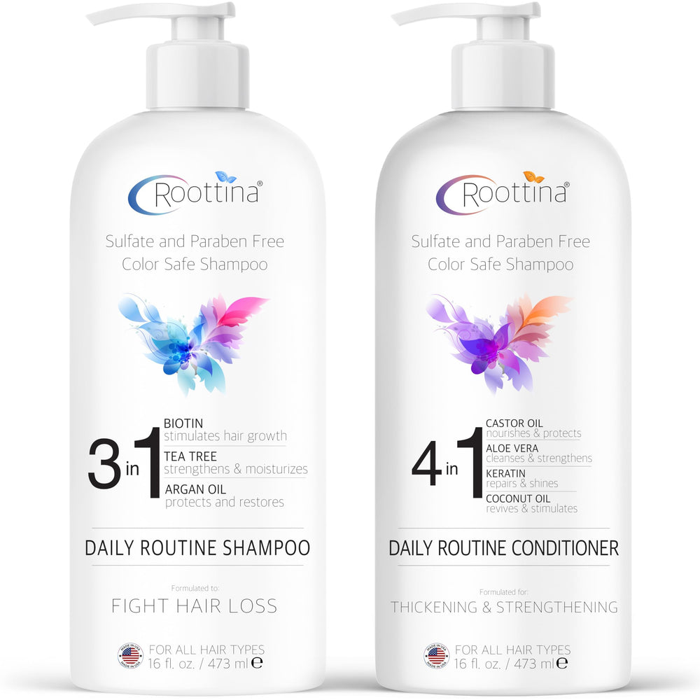 Roottina daily routine shampoo bottle promotes thinning hair support and fullness.