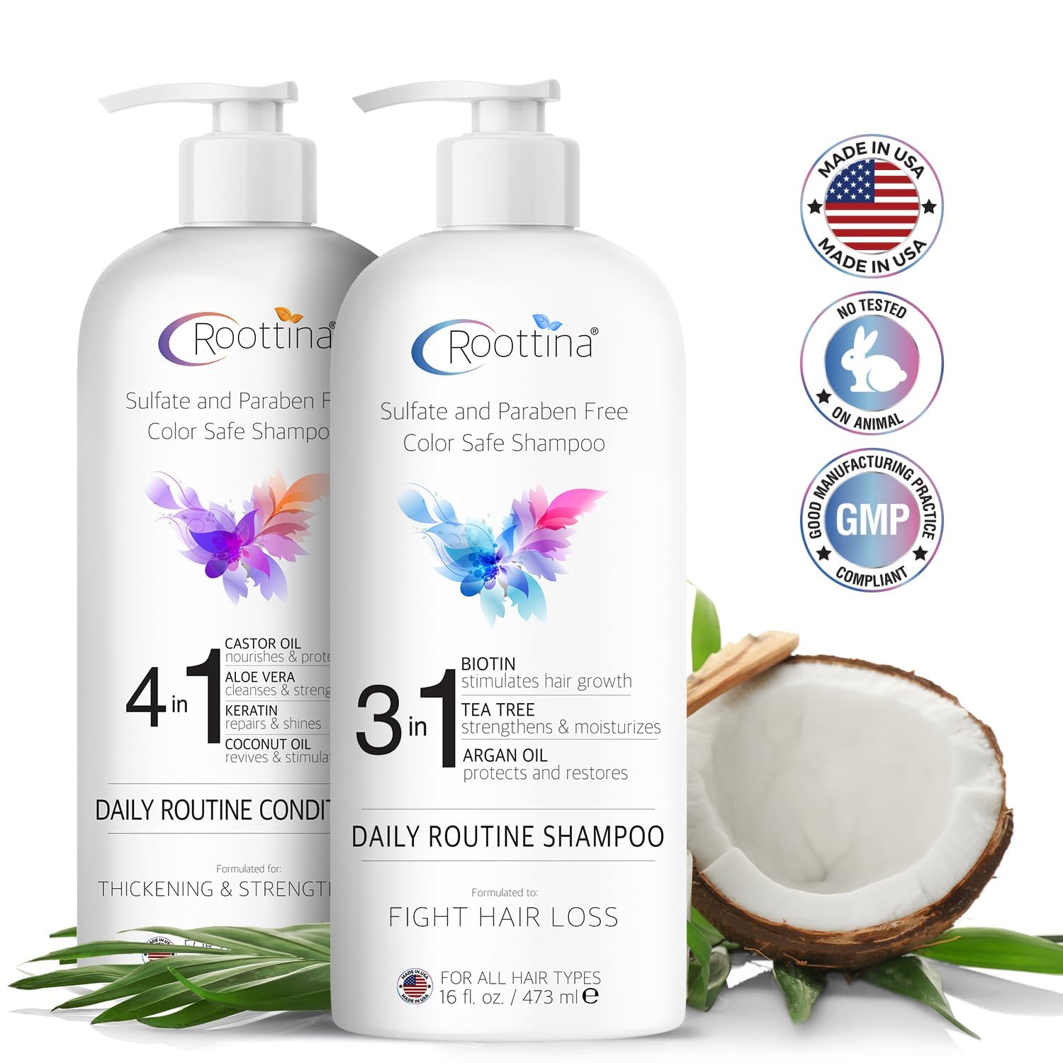 Roottina keratin coconut oil conditioner for stronger, silkier strands.