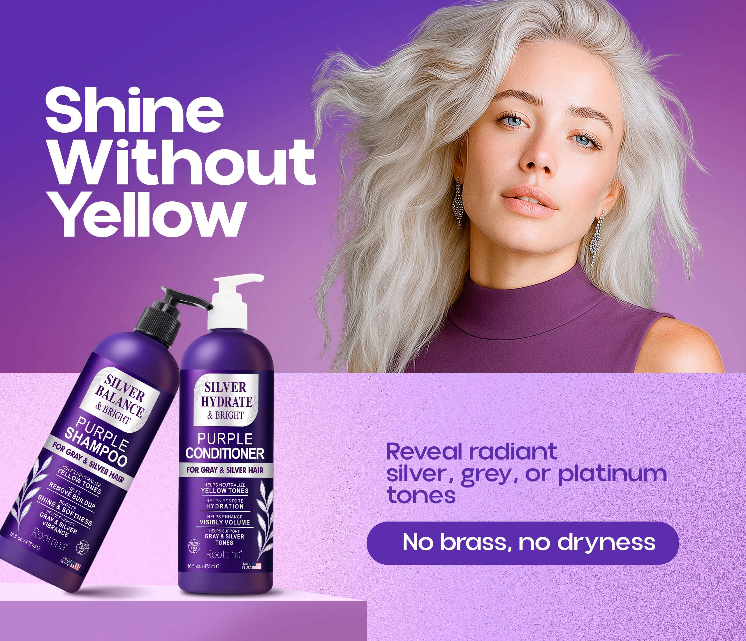 Roottina Silver Shine conditioner bottle delivers hydration for soft, manageable silver hair.