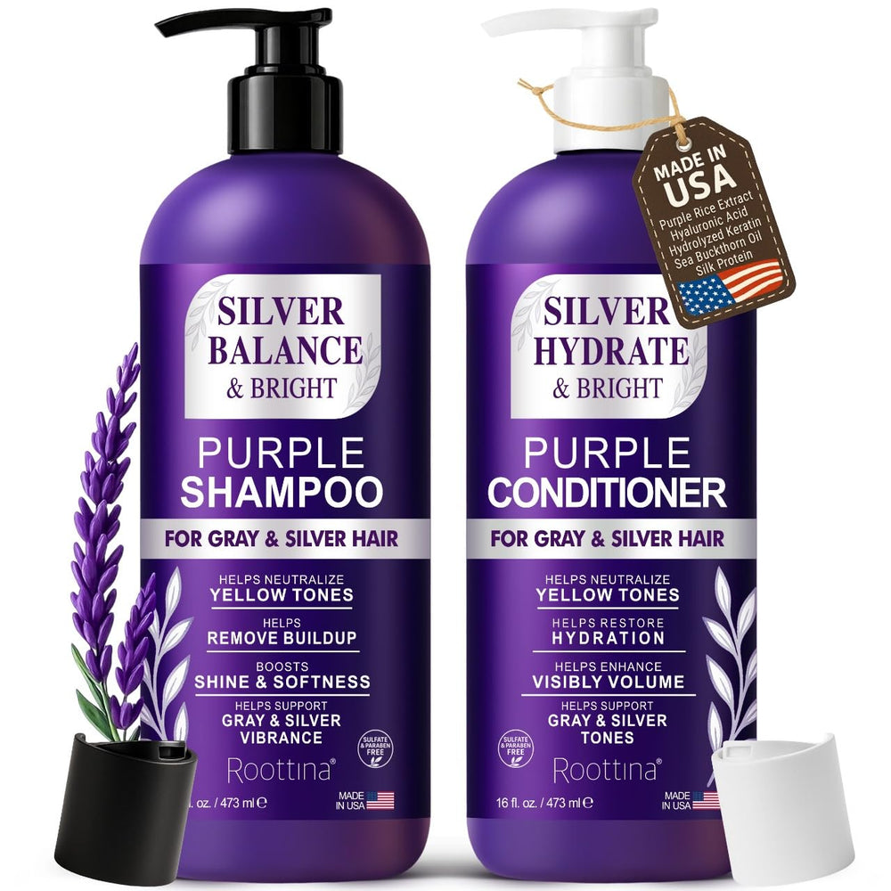 Roottina Silver Shine shampoo bottle highlights sulfate-free formula for brass-neutral gray tones.