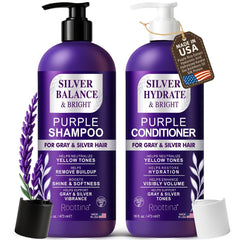 Roottina Silver Shine shampoo bottle highlights sulfate-free formula for brass-neutral gray tones.