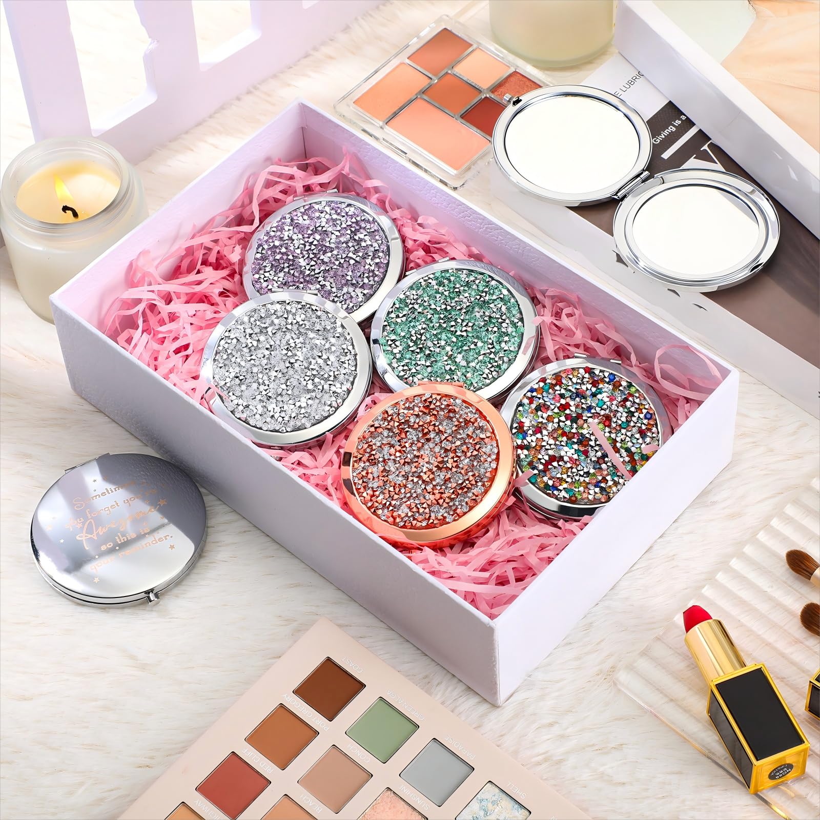 Roowest double-sided magnification compact mirror aids precise makeup checks.