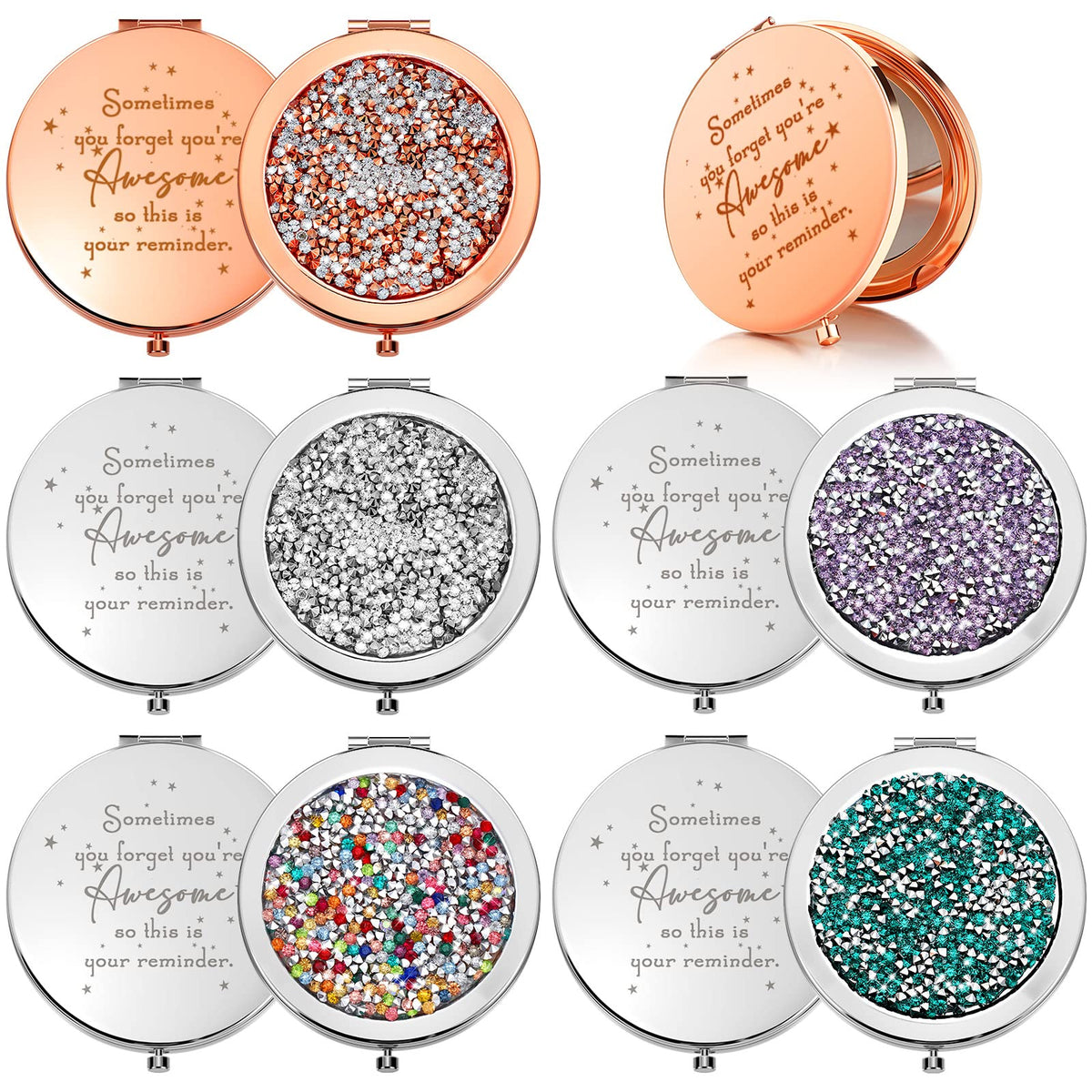 Roowest inspirational compact mirror with open button for easy on-the-go use.