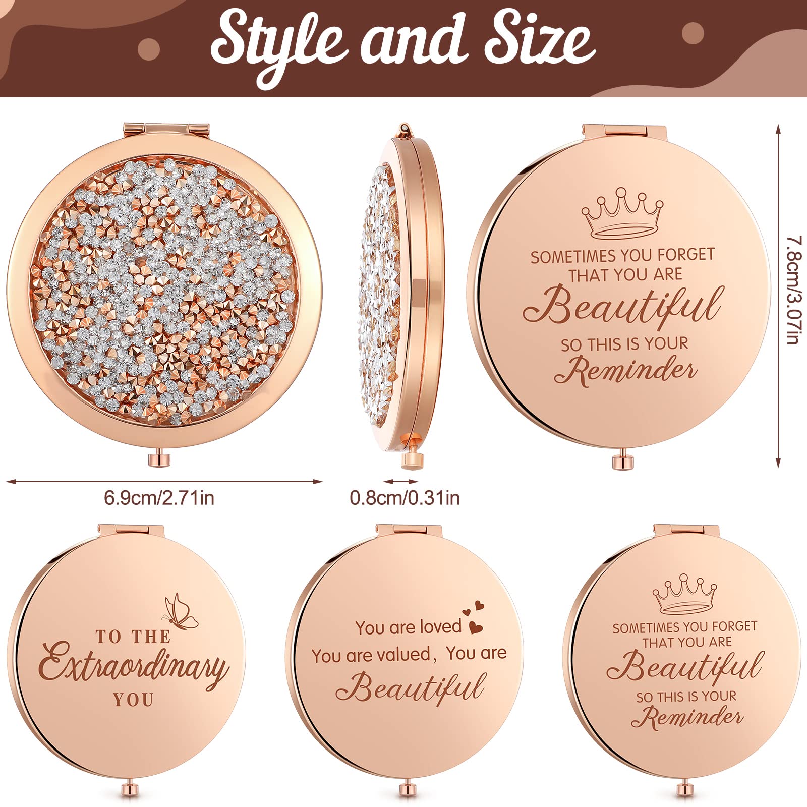Roowest rose gold compact mirror back with engraved quote inspires confidence during routines