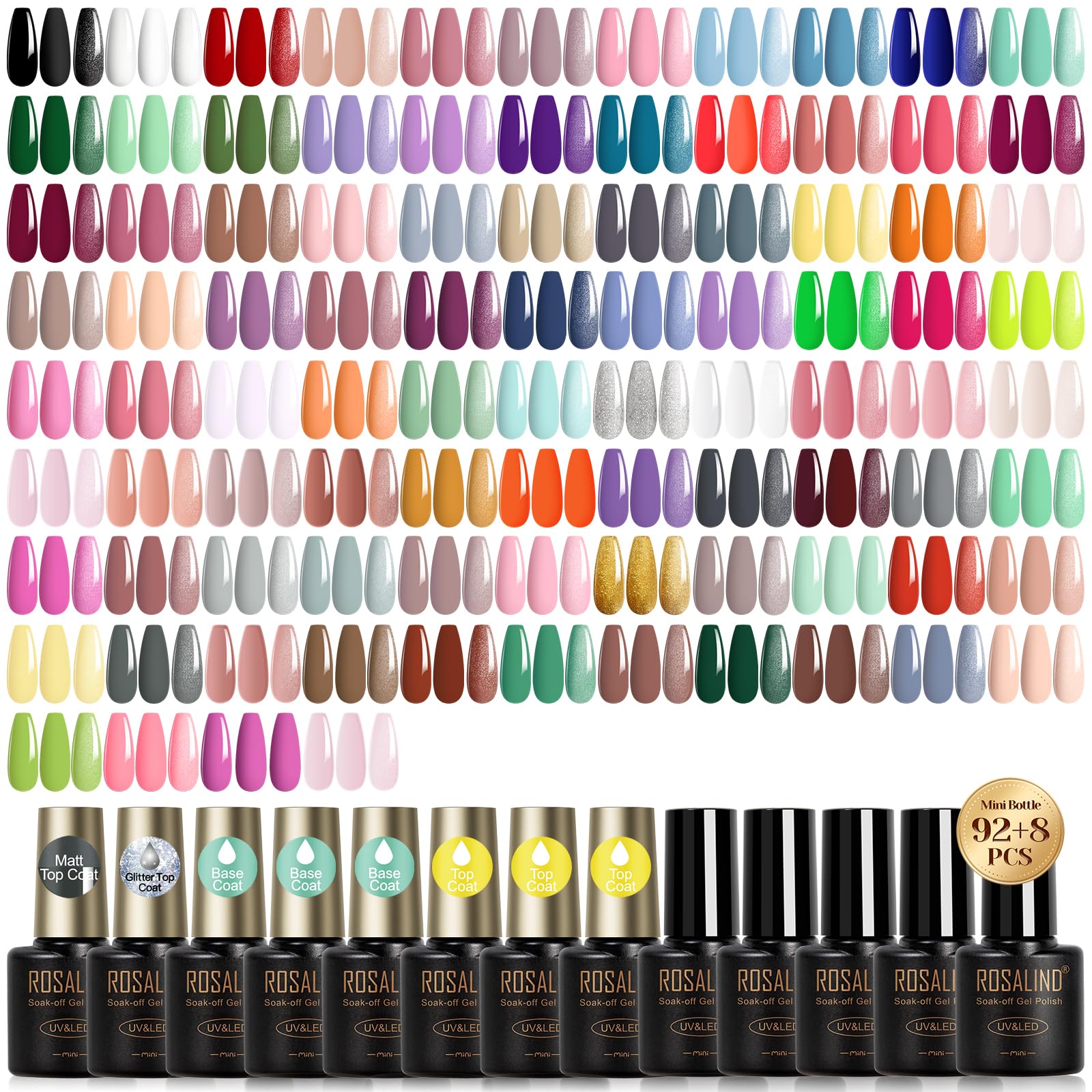 ROSALIND 100PCS gel nail polish color swatches showcase 92 shades for season-long versatility.