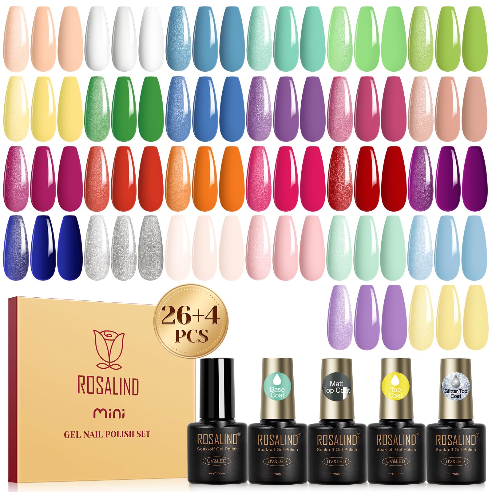 ROSALIND 30pcs gel nail polish set features neon colors for bold summer manicures.