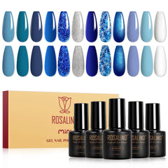 ROSALIND blue gel nail polish set bottles closeup for easy at-home manicure