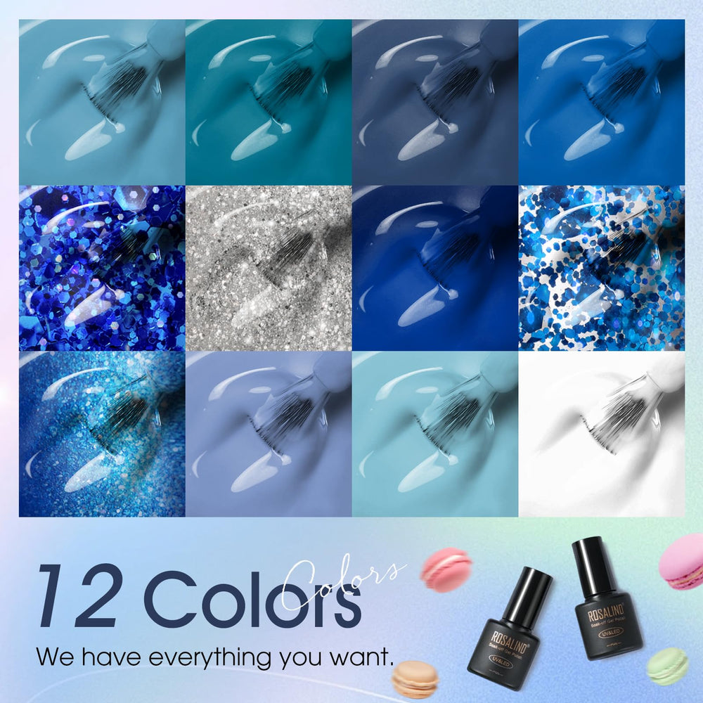 ROSALIND blue gel nail polish set swatches show ocean-blue hues and glitter options for nail art