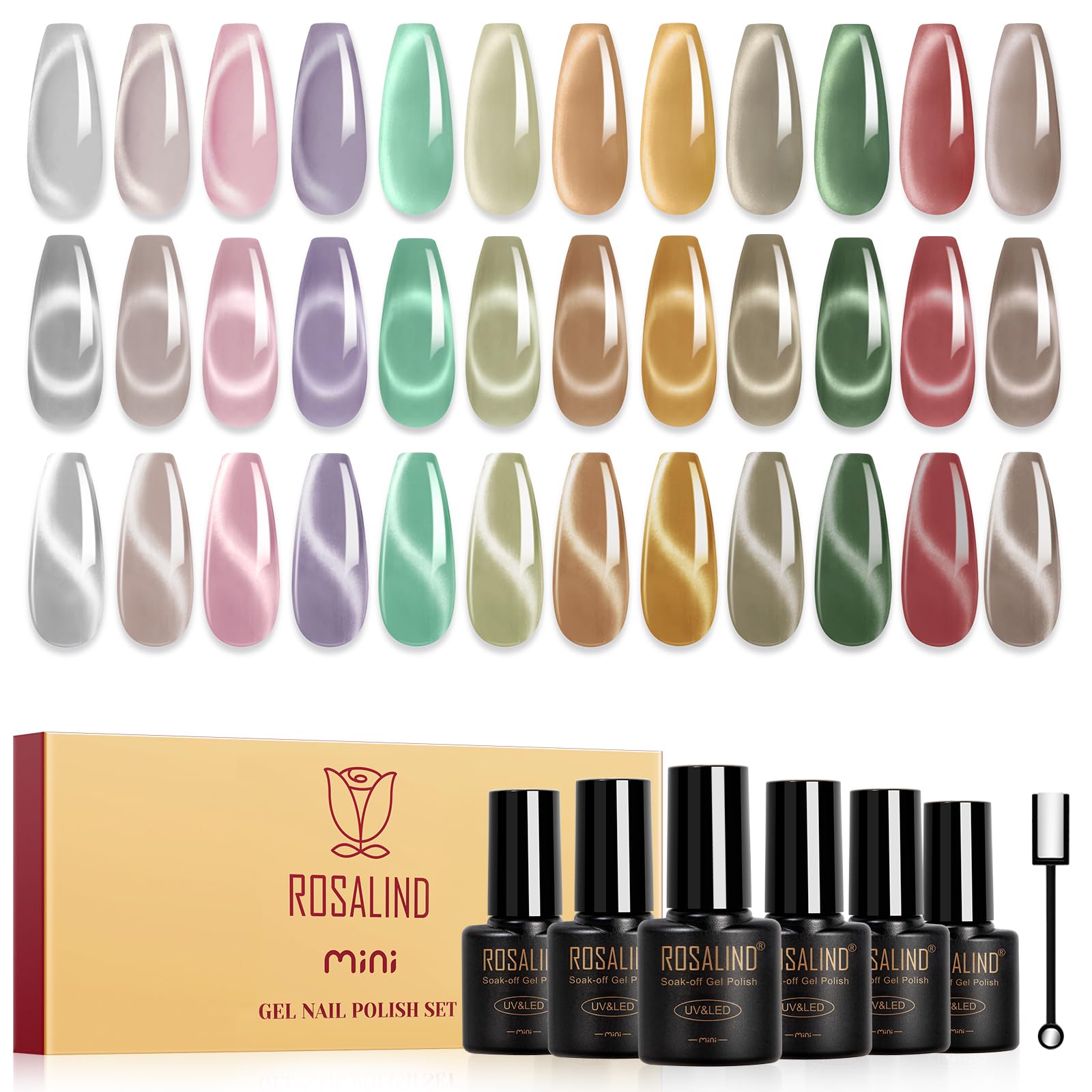 ROSALIND cat-eye gel nail polish set shows 12 shades for chic, salon-like nails at home.