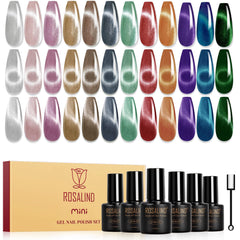 ROSALIND cat eye gel nail polish packshot showing 12 colors and magnet for glam nails.