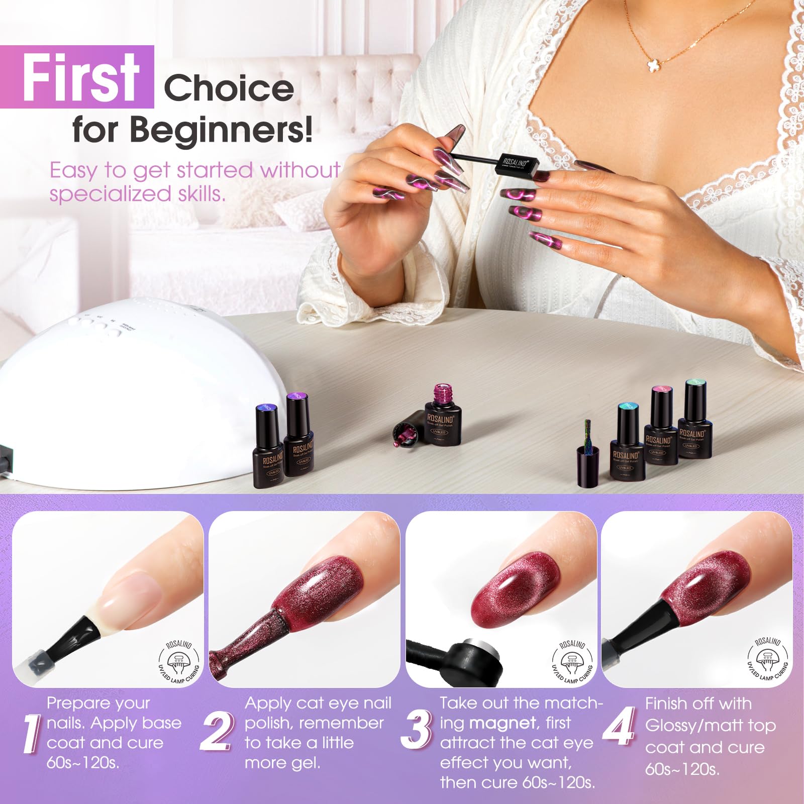 ROSALIND easy application with base and top coat for simple at-home use.