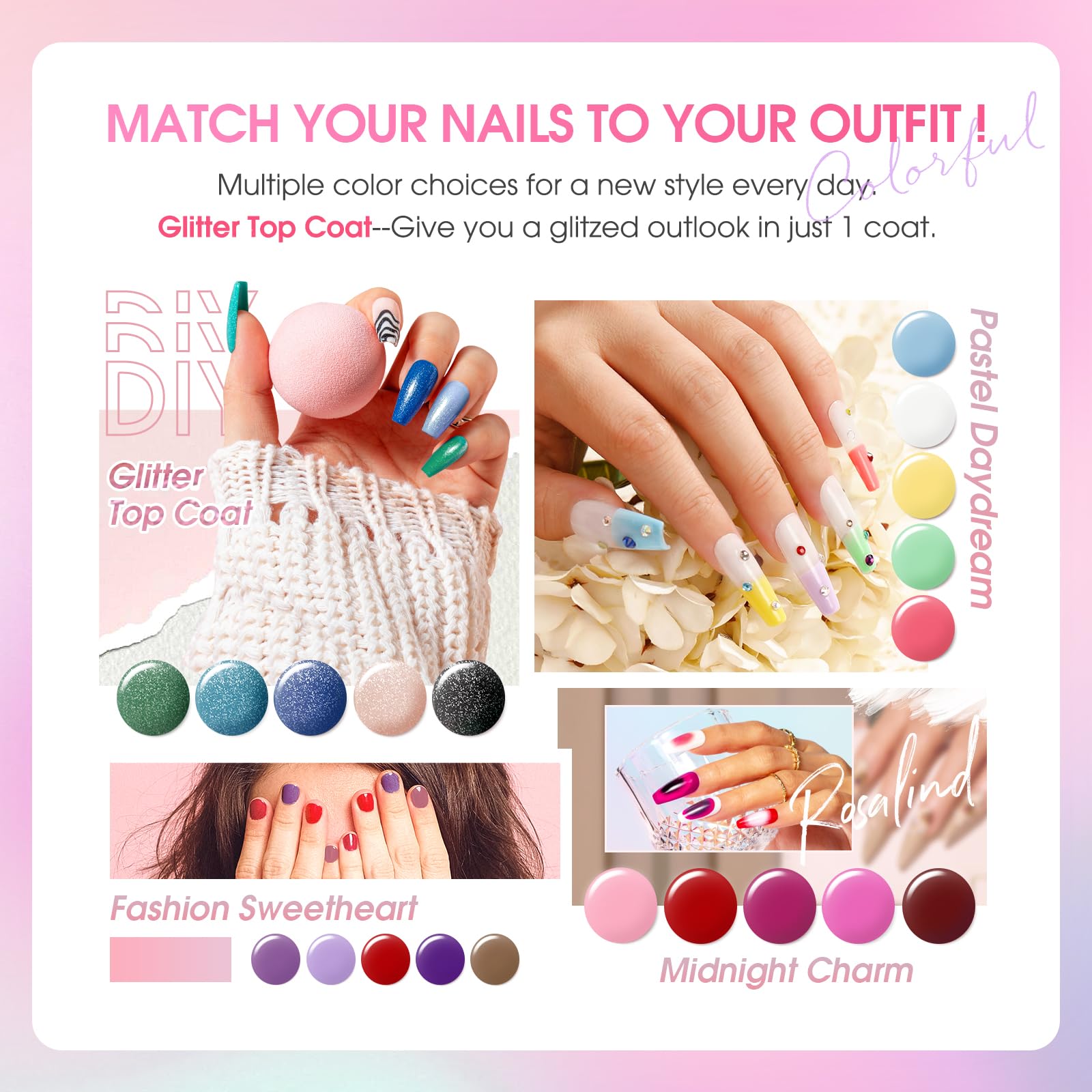 ROSALIND gel nail polish bottles closeup highlights mini 5ml bottles and shade variety for quick home manicures