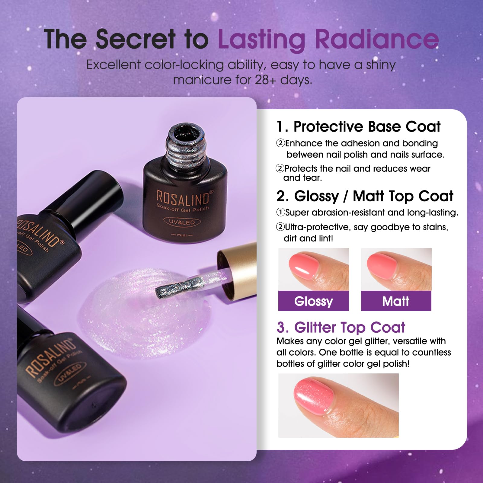 ROSALIND matte top coat creates a velvety finish.