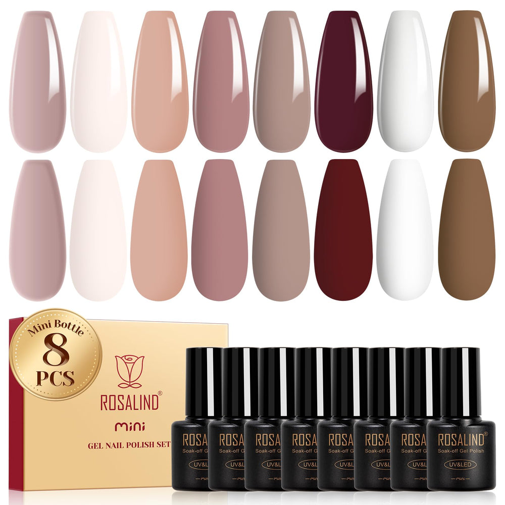ROSALIND Nude Brown Gel Nail Polish Set shows eight nude-brown shades for versatile at-home manicures.