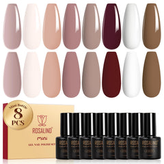 ROSALIND Nude Brown Gel Nail Polish Set shows eight nude-brown shades for versatile at-home manicures.