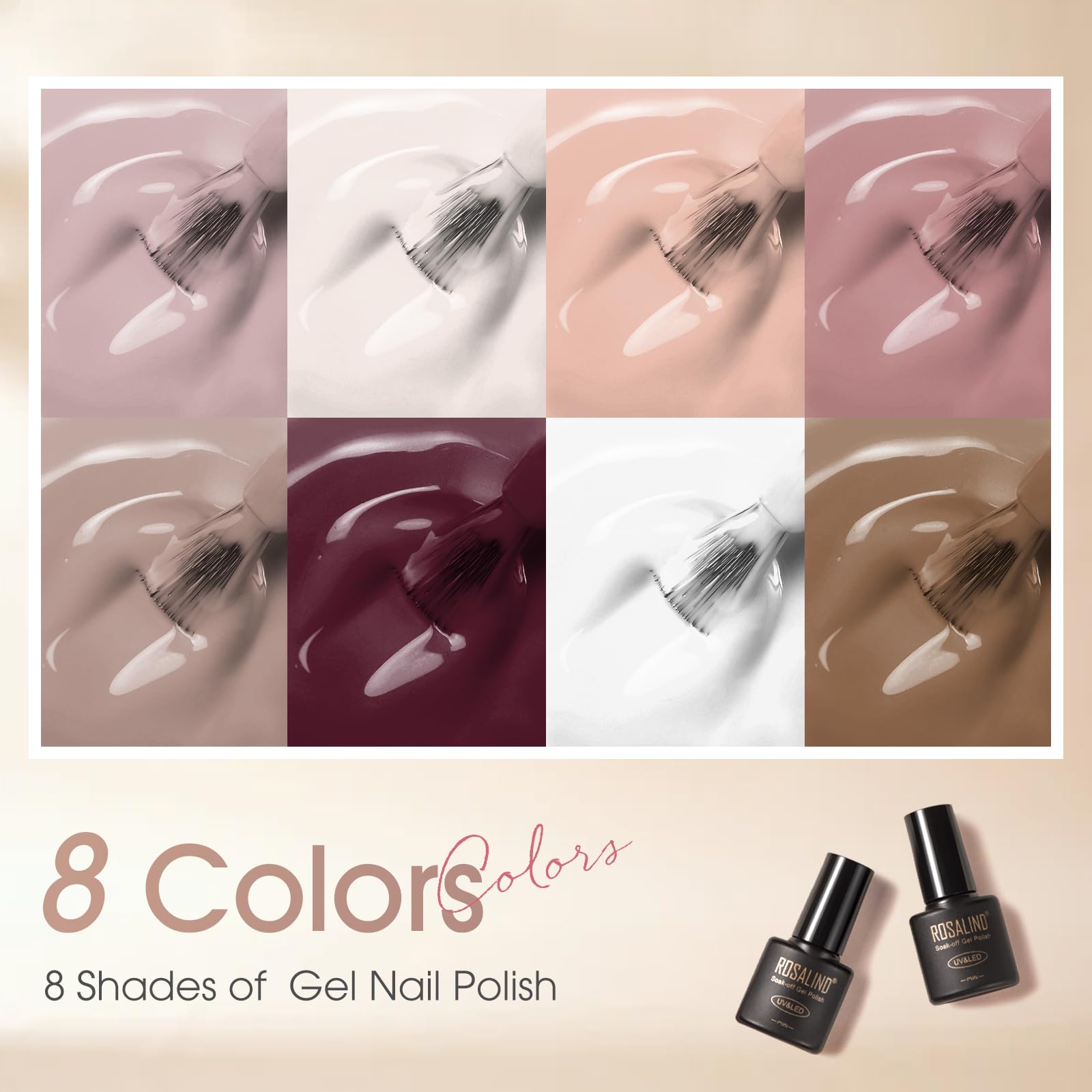 ROSALIND nude gel colors in compact 5 ml bottles ideal for travel touch-ups.