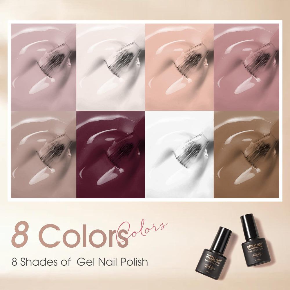 ROSALIND nude gel colors in compact 5 ml bottles ideal for travel touch-ups.