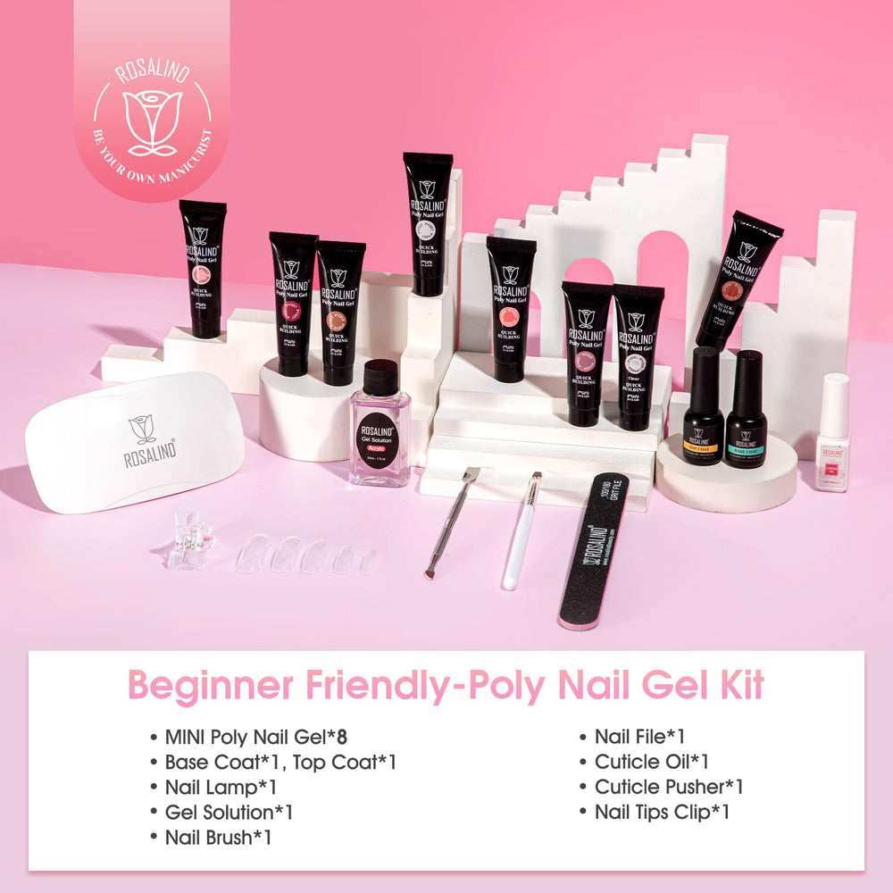 Rosalind Poly Nail Gel Kit mini UV lamp provides at-home curing convenience.