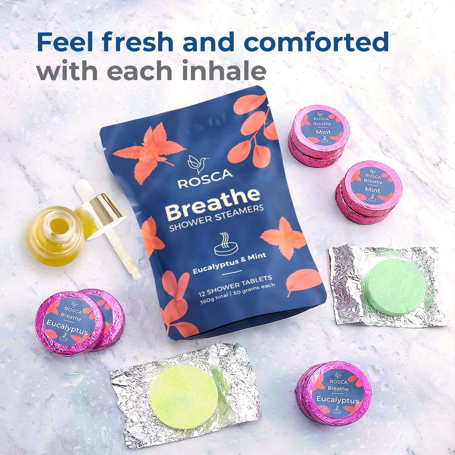 Rosca steamers under hot water release refreshing aroma for a calming shower.