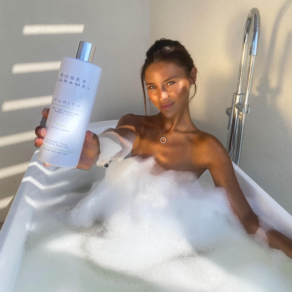 Rose & Caramel Purity Self Tan Removing Bubble Bath closeup shows urea exfoliation