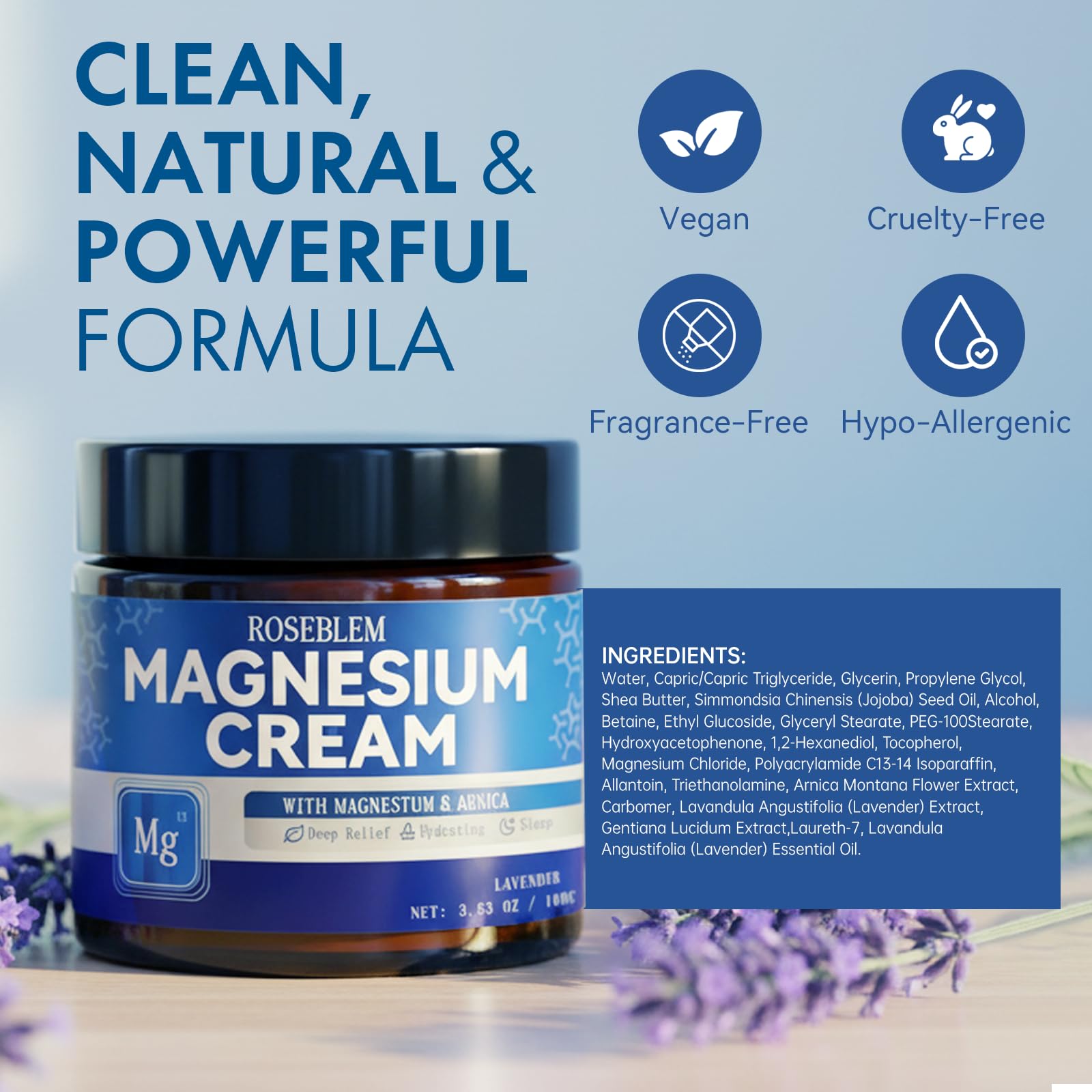 Roseblem magnesium cream packaging demonstrates a travel-friendly 3.53 oz container.