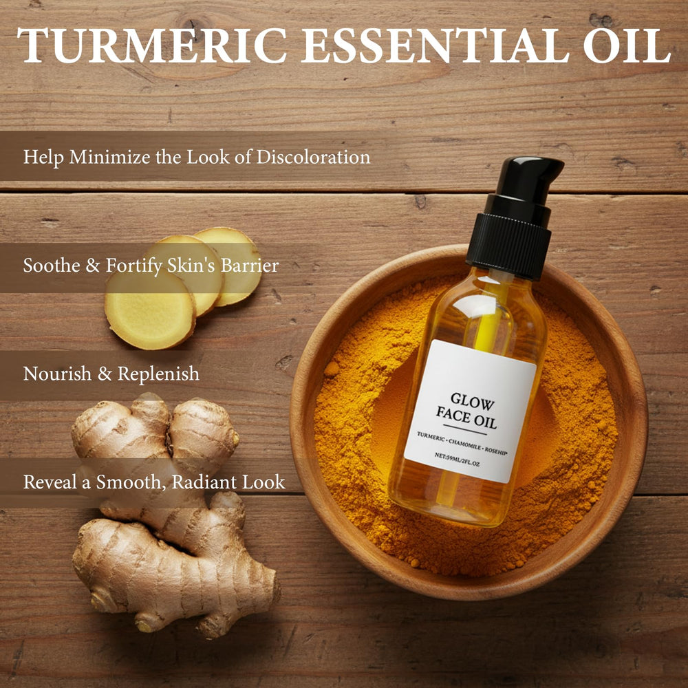 Roseblem turmeric oil application shows massage-ready texture for radiant skin.