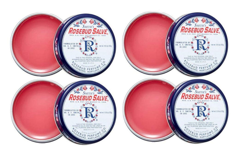 Smith's Rosebud Salve tin 4-pack close-up, compact packaging for on-the-go lip care