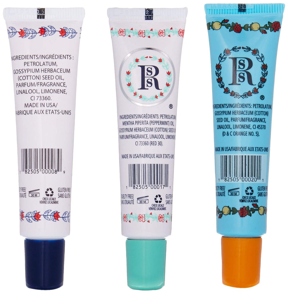 Rosebud Trio packaging lip balm set, three tubes ready for on-the-go moisture and versatile lip care.