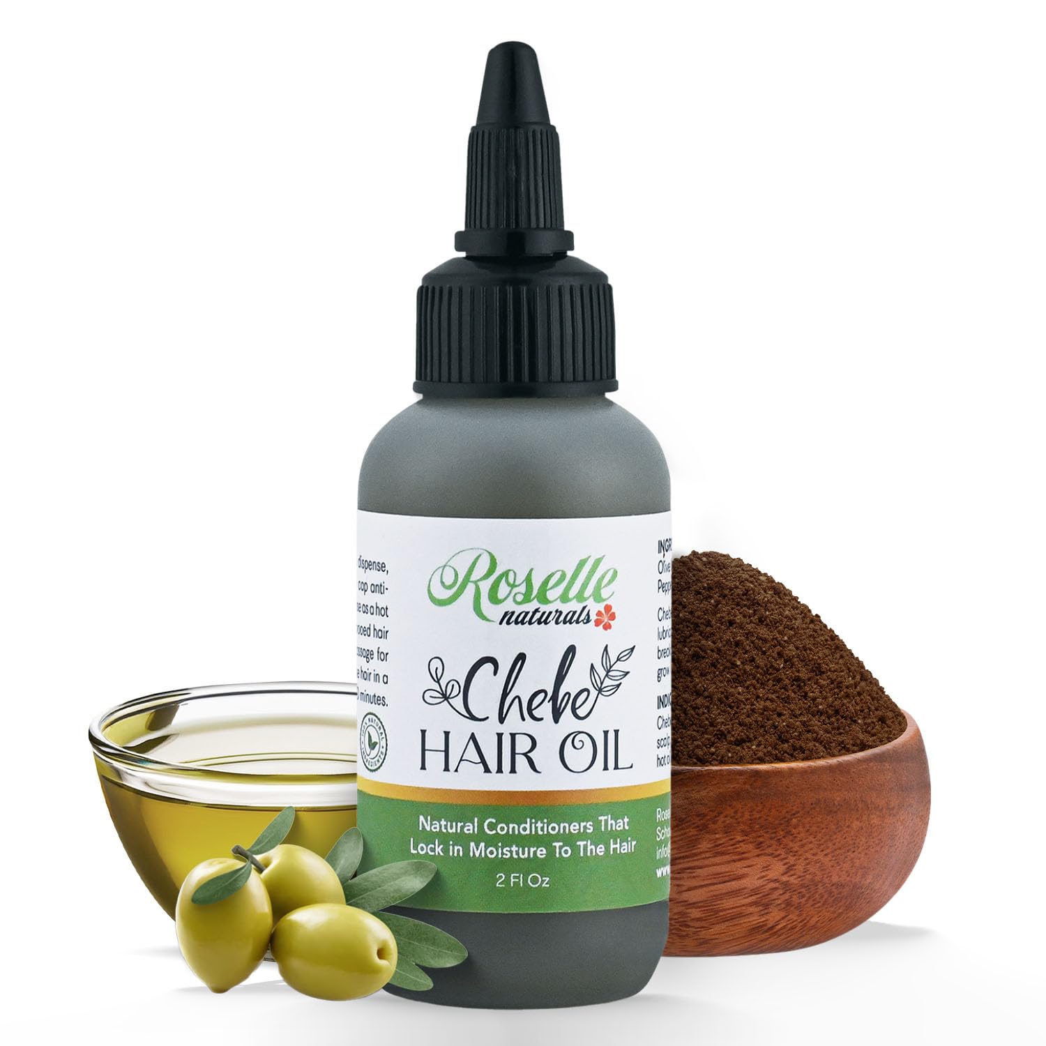Roselle Naturals Chebe Oil bottle demonstrates lightweight hydration for hair
