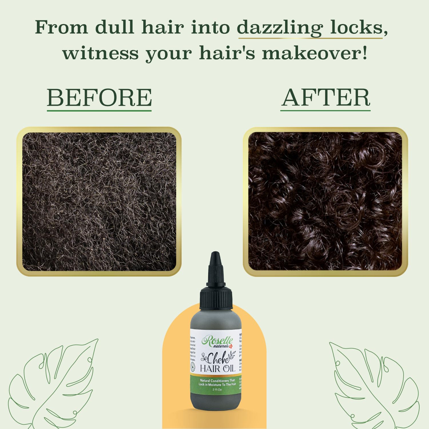 Roselle Naturals Chebe Oil closeup highlights shiny, strengthened hair strands